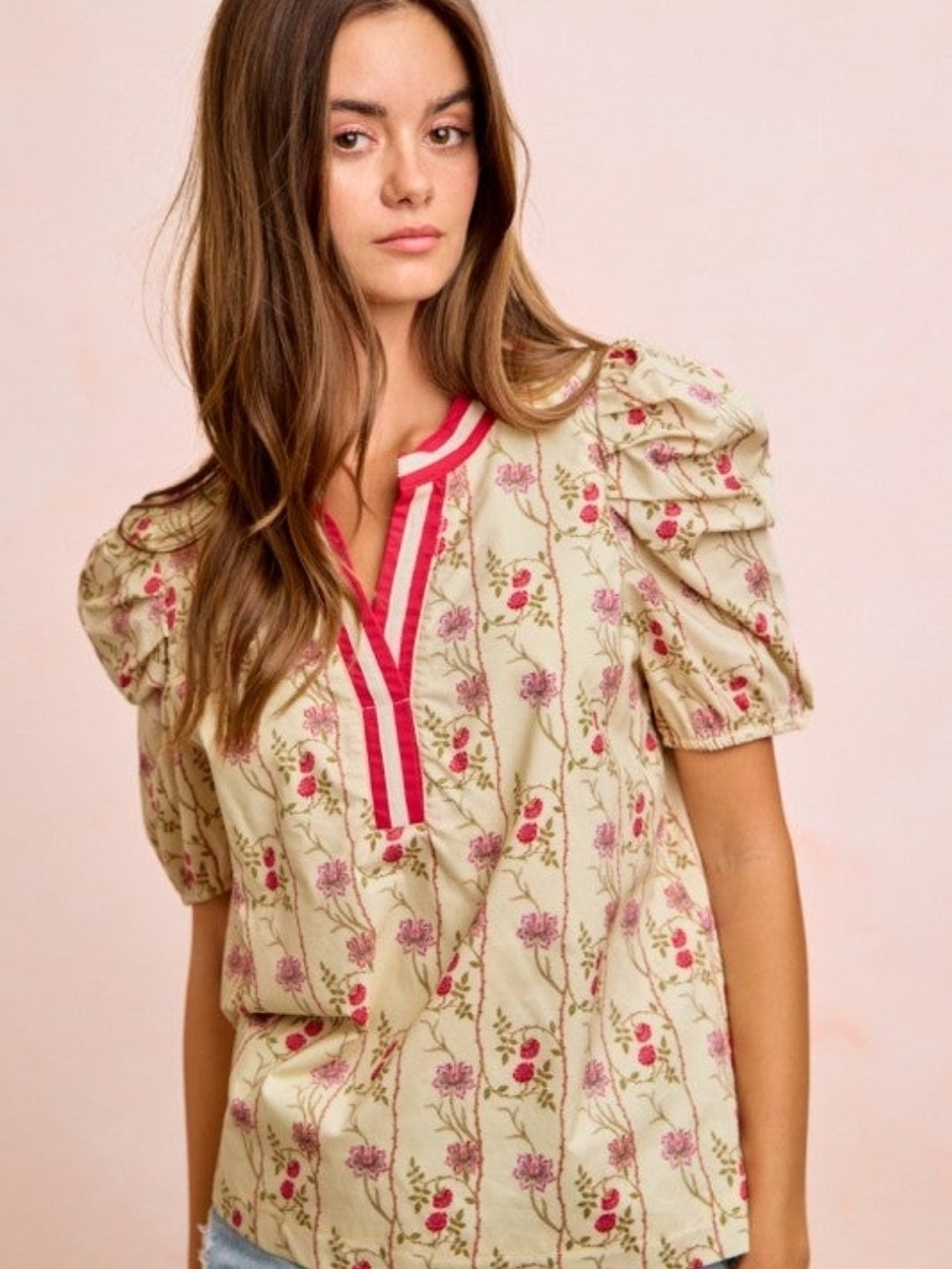 BiBi Cream Floral Puff-Sleeve V-Neck Blouse with Pink Trim